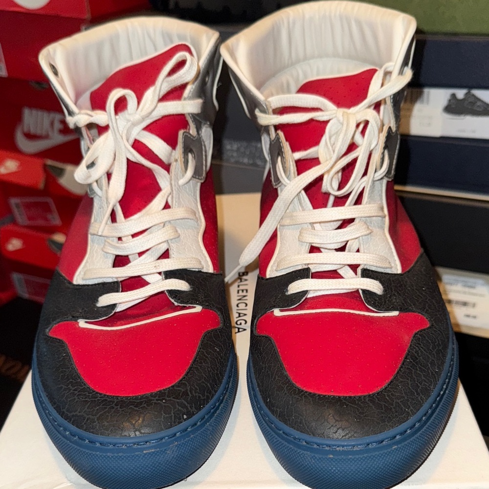 Balenciaga Red and Black Sneakers with Blue Soles